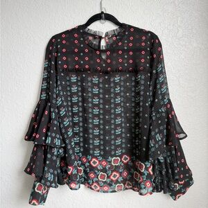 Buffalo David Bitton Border Floral Noir Black Sheer Print Ruffle Sleeve Blouse